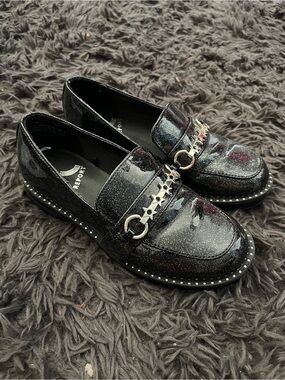 Black Glitter Loafers with Star Chain Detail Girls Size 2